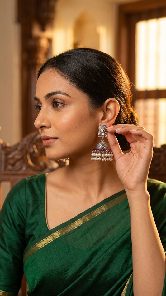 Pink Silver Oxidized Jhumkas