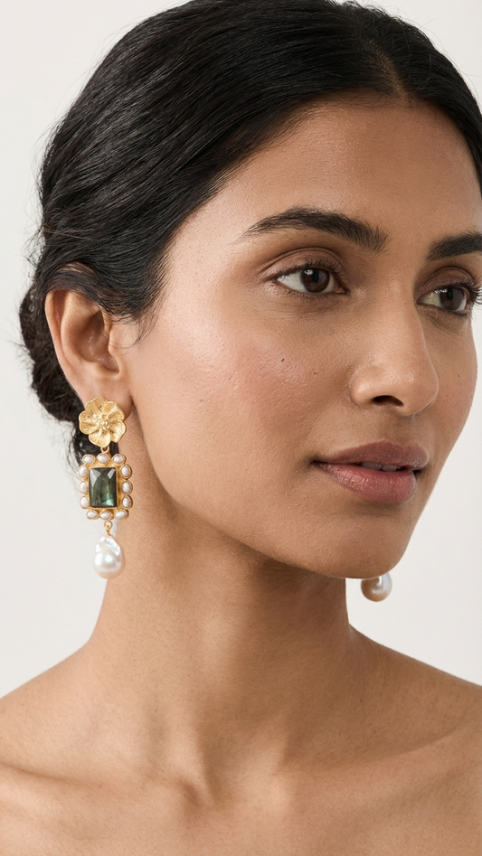 Emerald Bloom Pearl Drop Earrings
