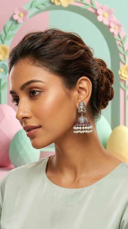 Pink Silver Oxidized Jhumkas