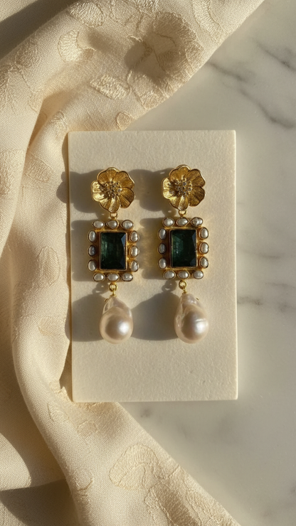 Emerald Bloom Pearl Drop Earrings