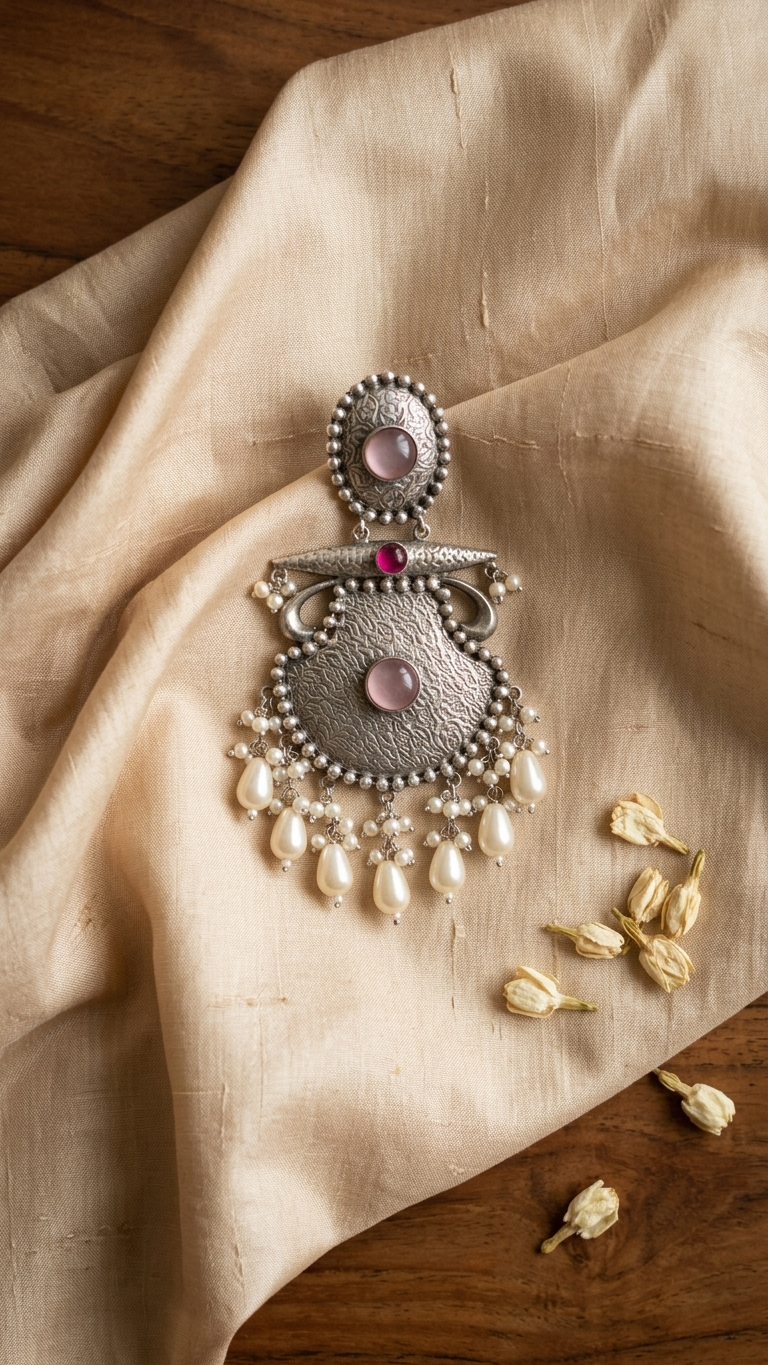 Baby Pink Silver Oxidized Earrings