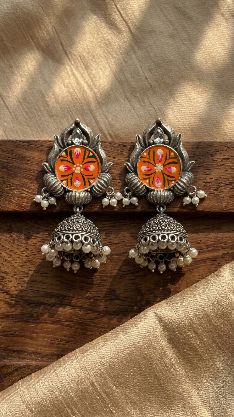 Silver Toned HandPainted Jhumkis