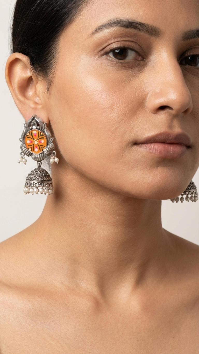 Silver Toned HandPainted Jhumkis