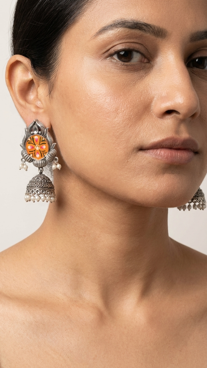 Silver Toned HandPainted Jhumkis