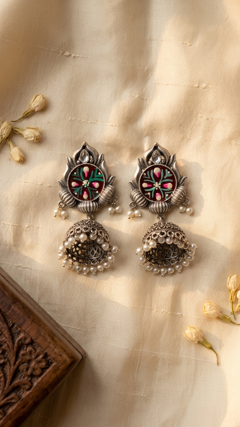 Silver Toned HandPainted Jhumkis