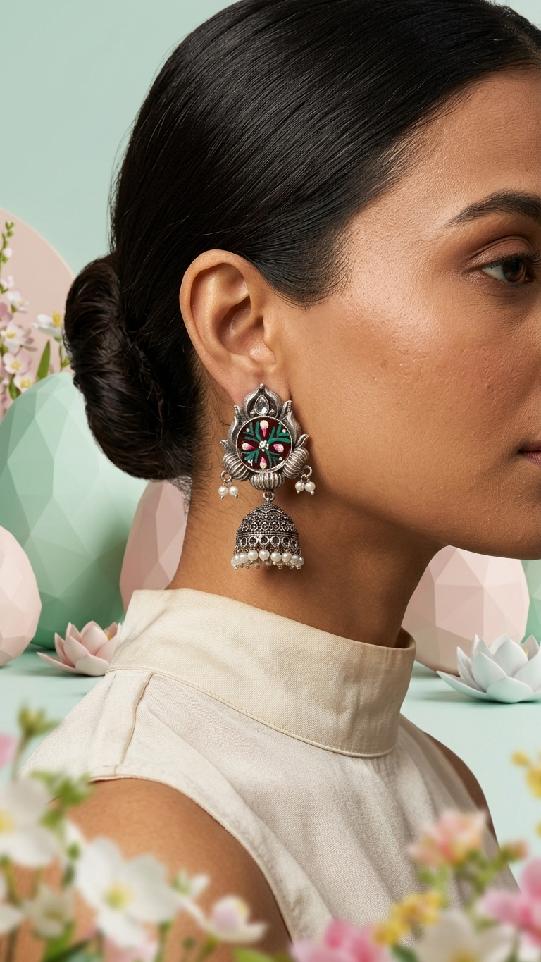 Silver Toned HandPainted Jhumkis