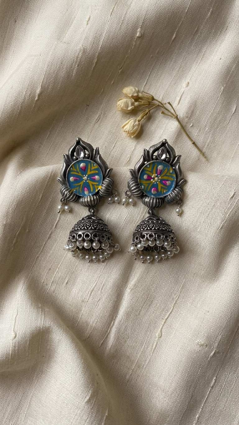 Silver Toned HandPainted Jhumkis