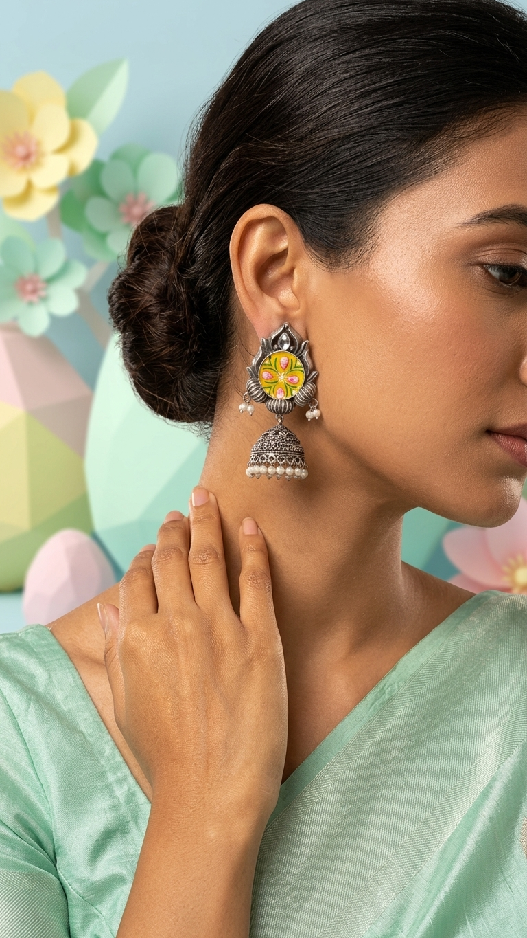 Silver Toned HandPainted Jhumkis