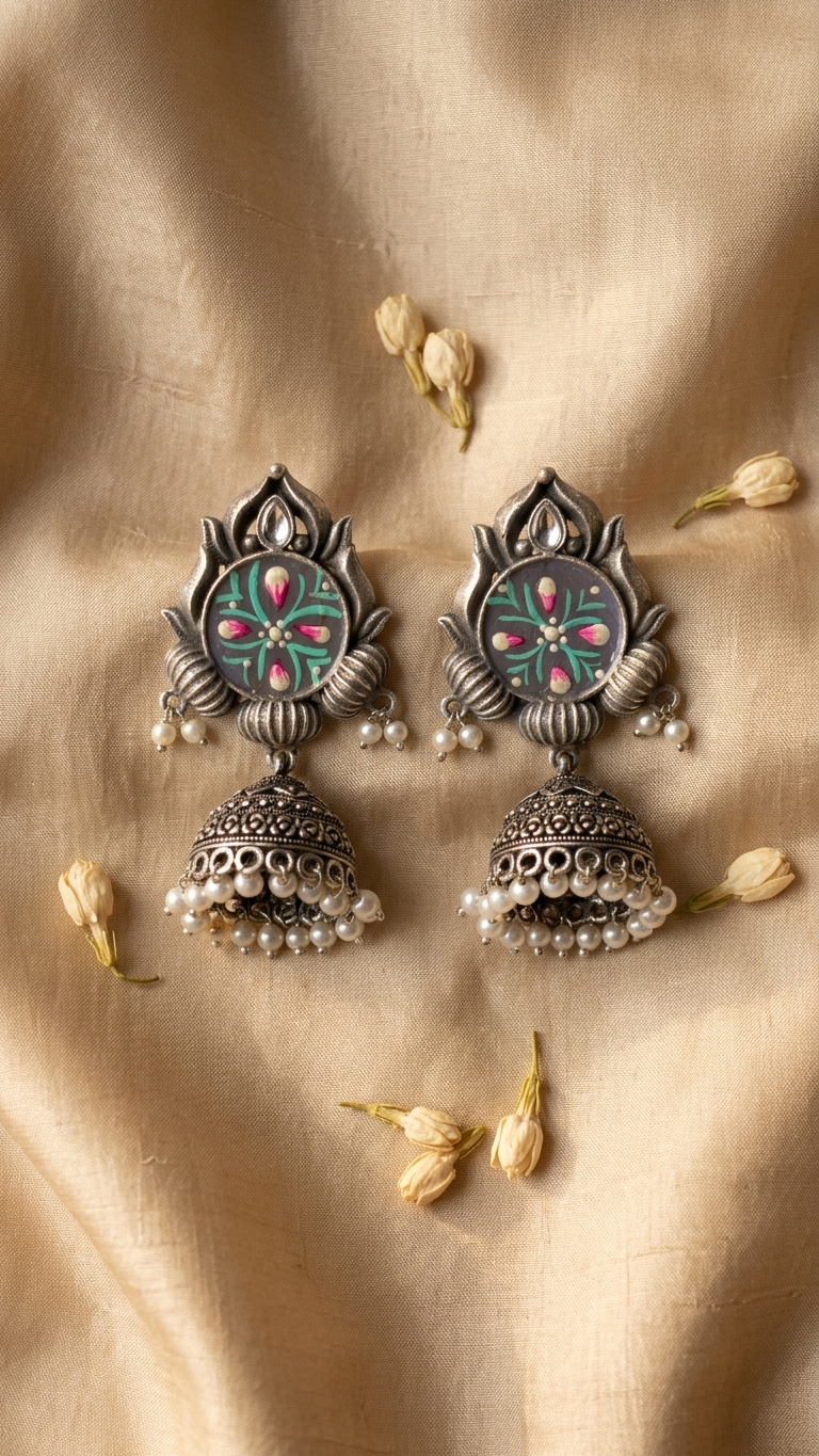 Silver Toned HandPainted Jhumkis