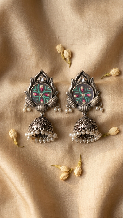 Silver Toned HandPainted Jhumkis