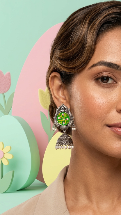 Silver Toned HandPainted Jhumkis