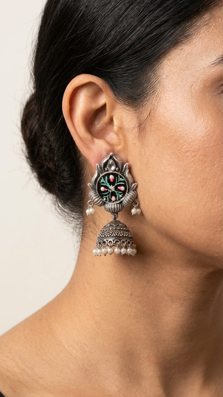 Silver Toned HandPainted Jhumkis