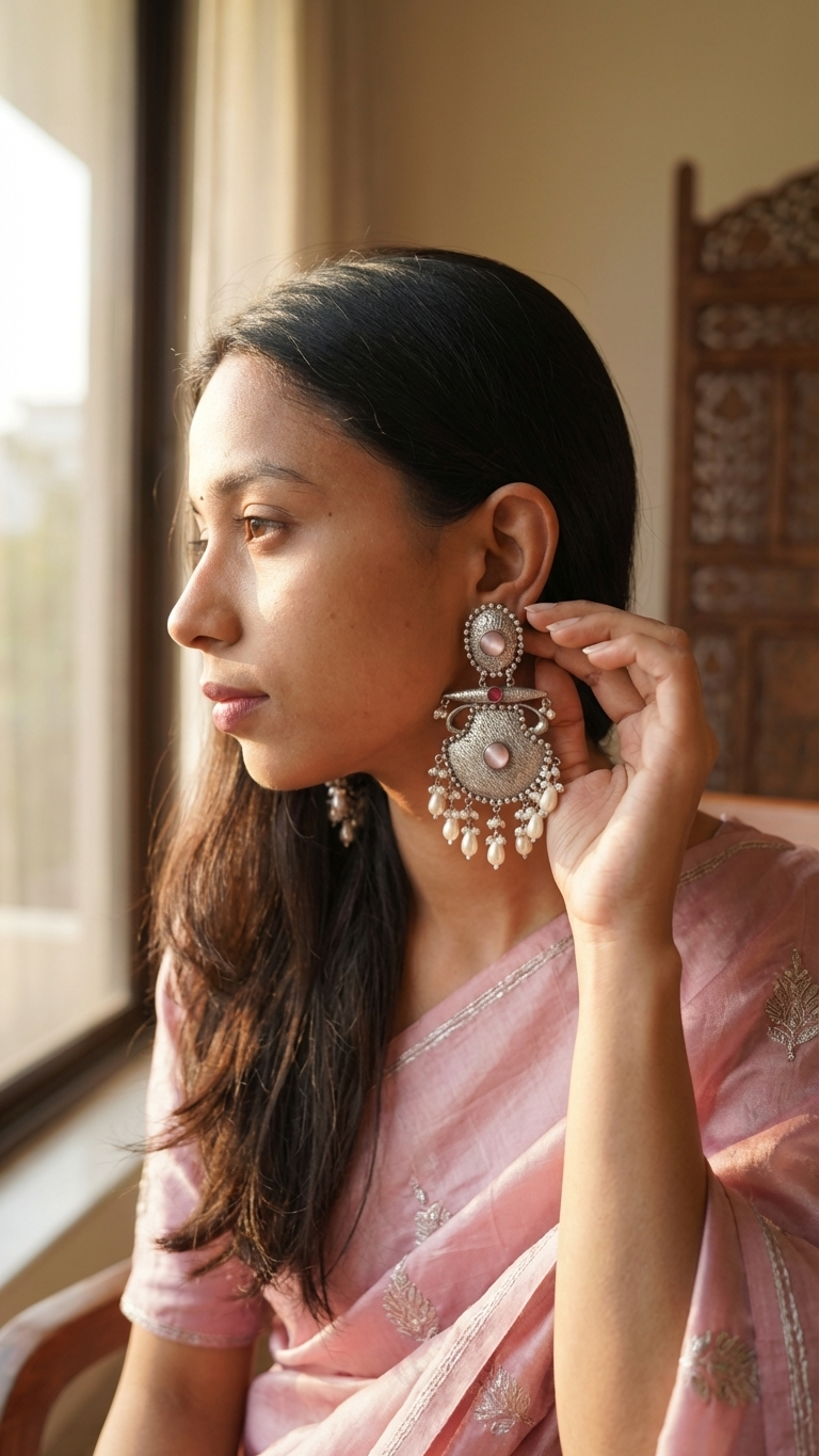 Baby Pink Silver Oxidized Earrings