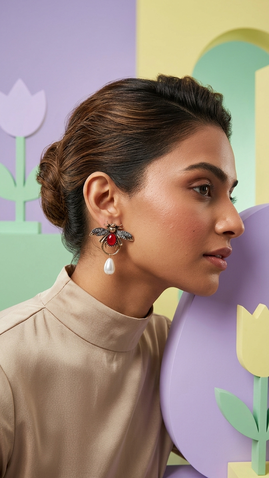 Regal Bee Pearl Drop Earrings