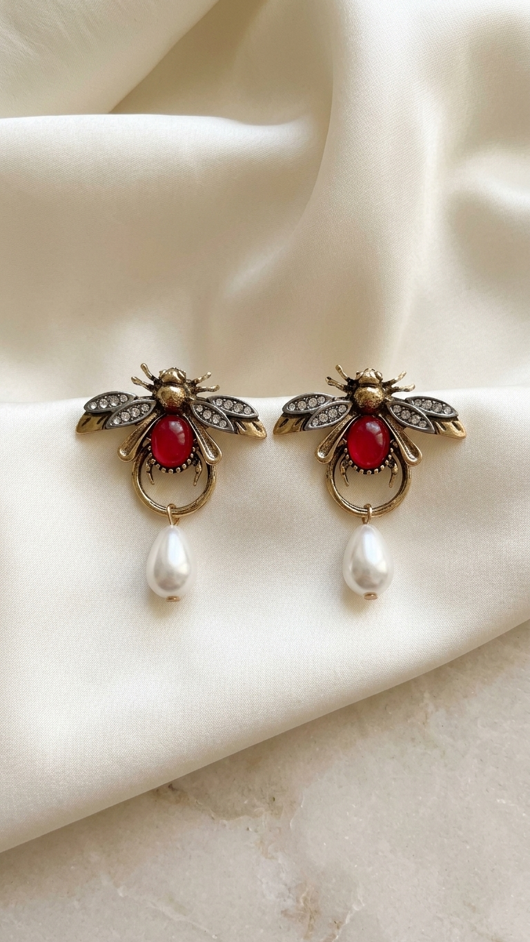 Regal Bee Pearl Drop Earrings