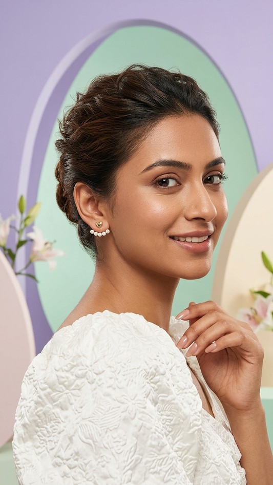 Golden Heart Pearl Curve Stud Earrings
