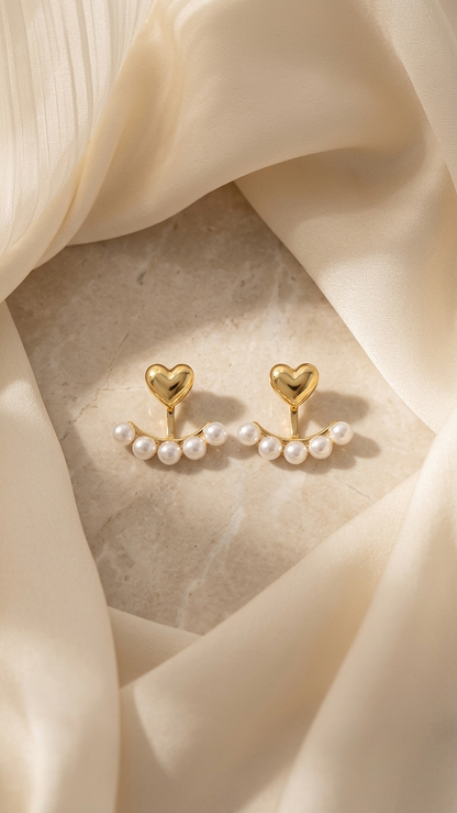 Golden Heart Pearl Curve Stud Earrings
