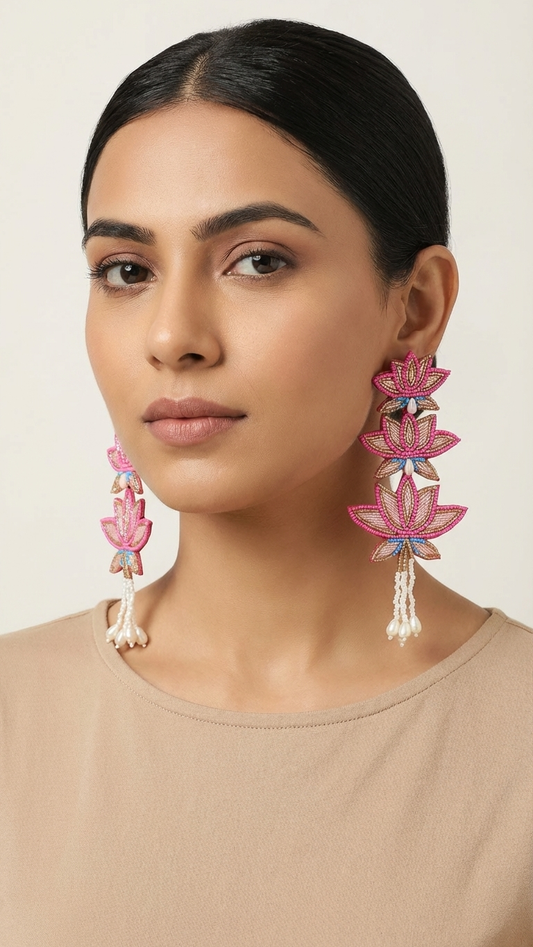 Triple Lotus Cascade Embroidered Earrings