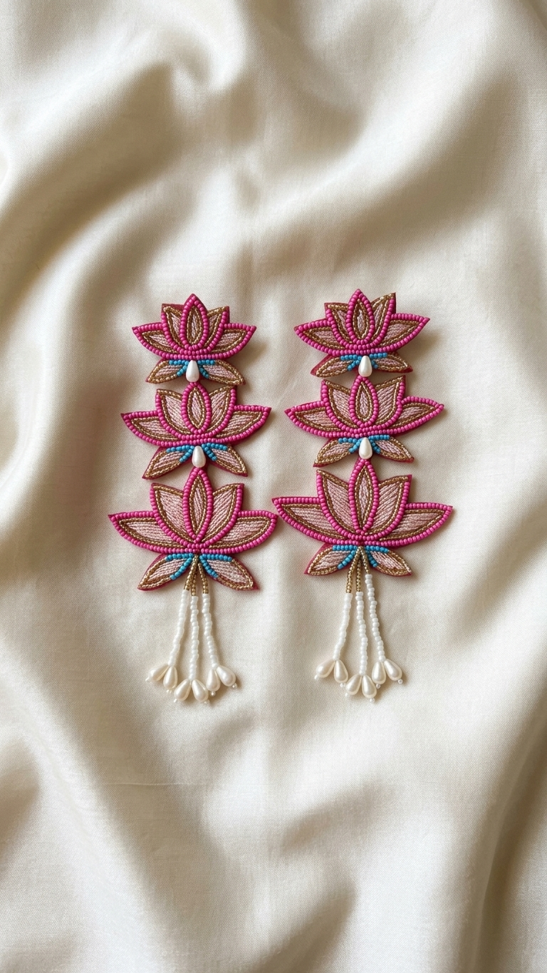 Triple Lotus Cascade Embroidered Earrings