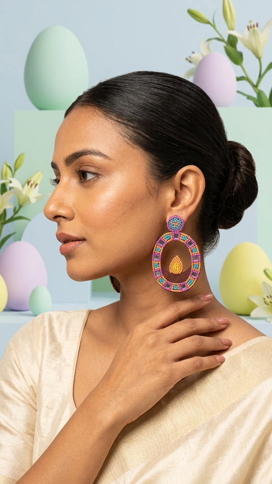 Oval Diya Beaded Festive Earrings