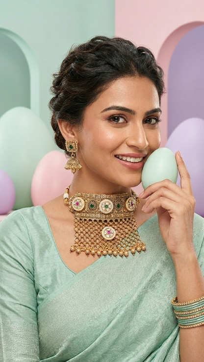 Antique Multicolour Gold Square Choker Set