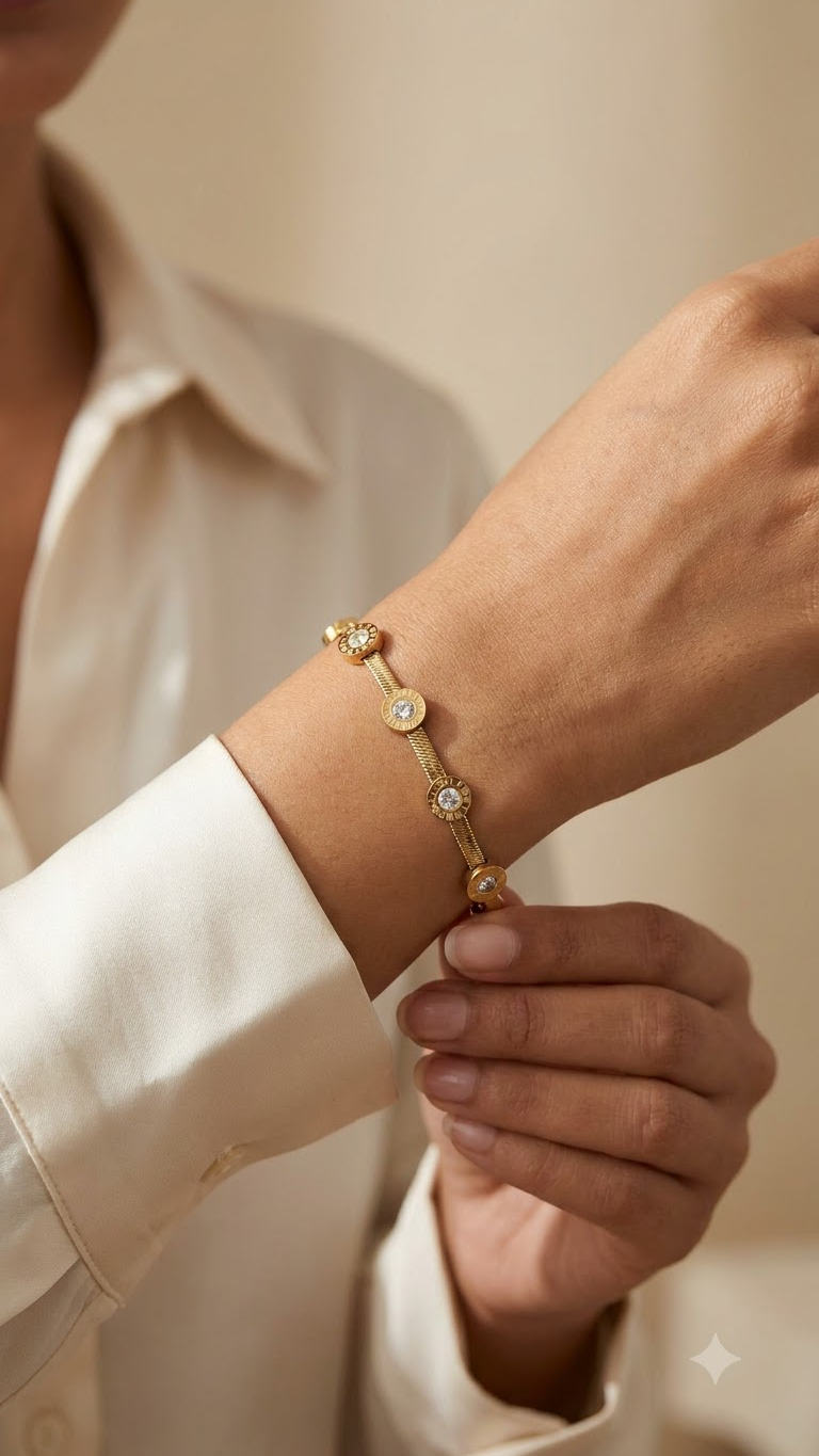 Roman Numeral Crystal Herringbone Bracelet