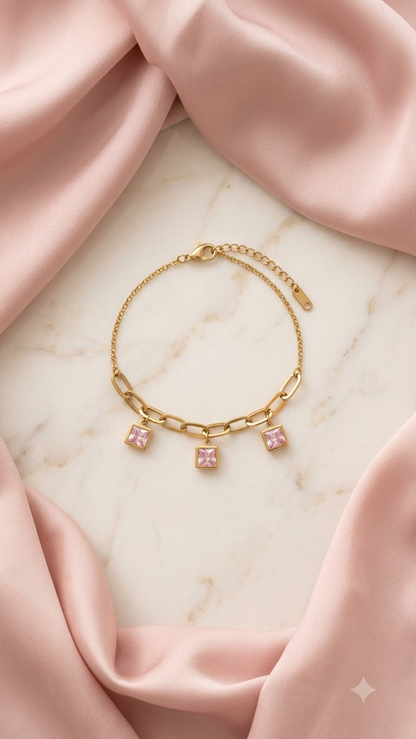 Princess-Cut Pink Crystal Paperclip Charm Bracelet