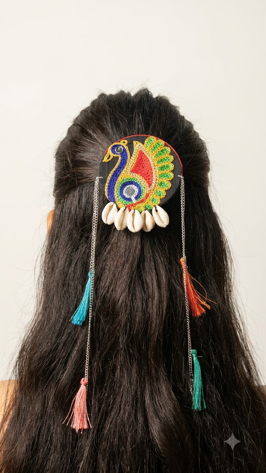 Peacock Glory Hair Brooch with Tassels
