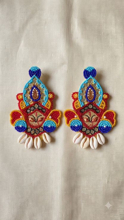 Divine Durga Beaded Earrings with Cowrie Shells