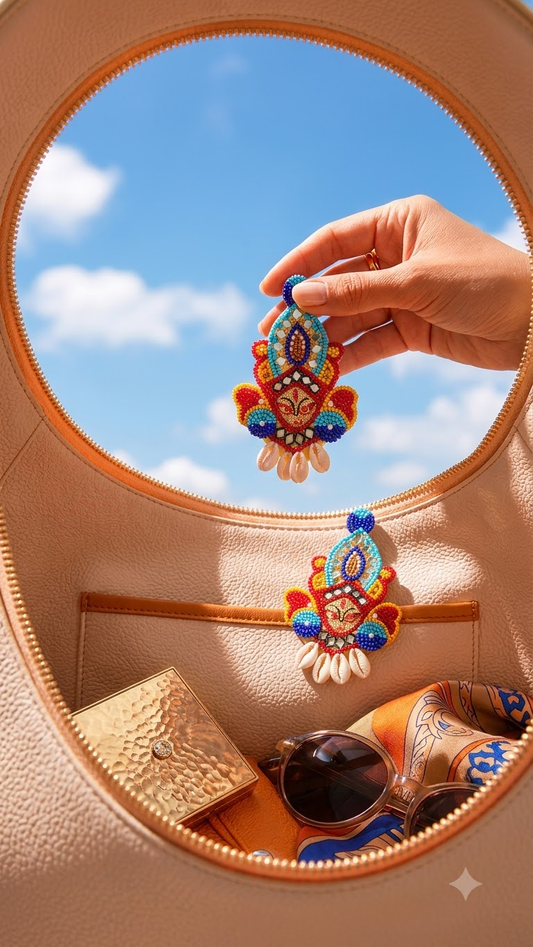 Divine Durga Beaded Earrings with Cowrie Shells