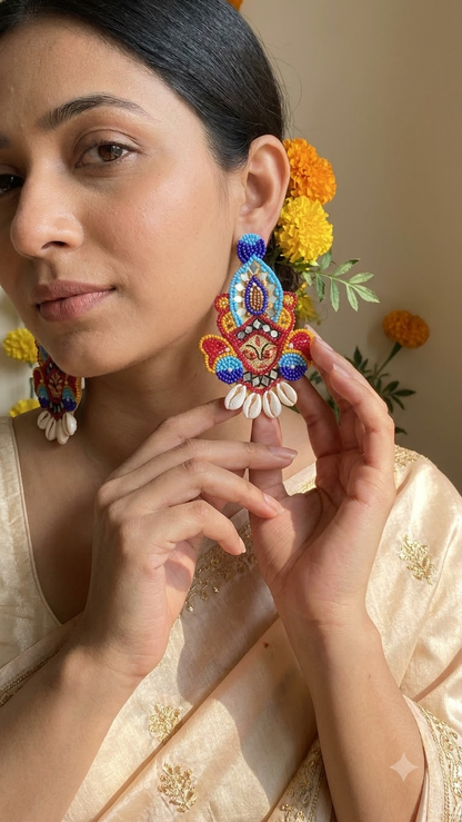 Divine Durga Beaded Earrings with Cowrie Shells