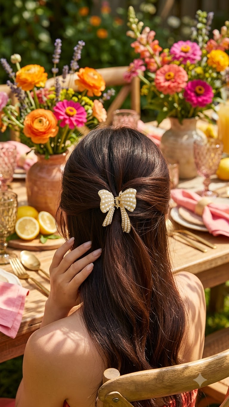 Pearl Bow Metal Hair Claw Clip